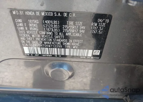 2019 Honda Hr-V Ex-L из США, поврежденный, VIN 3CZRU5H70KM712299